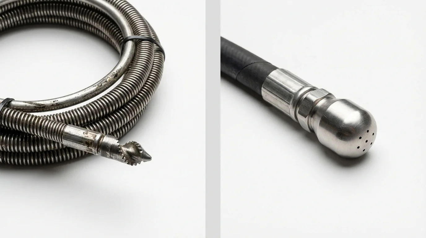 Drain snake cable and hydro jetting nozzle used for drain cleaning in Winnebago, IL