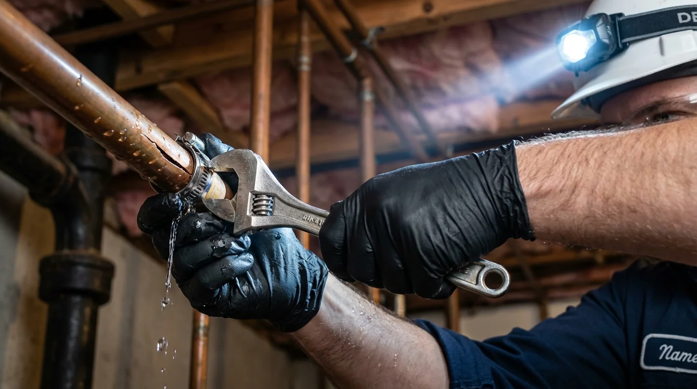 Emergency pipe clamp repair being performed by a Johns Plumbing LLC plumber in Winnebago