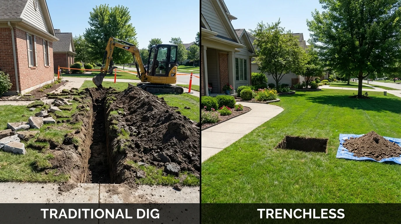 Trenchless sewer repair with minimal yard damage versus traditional excavation in Winnebago, IL