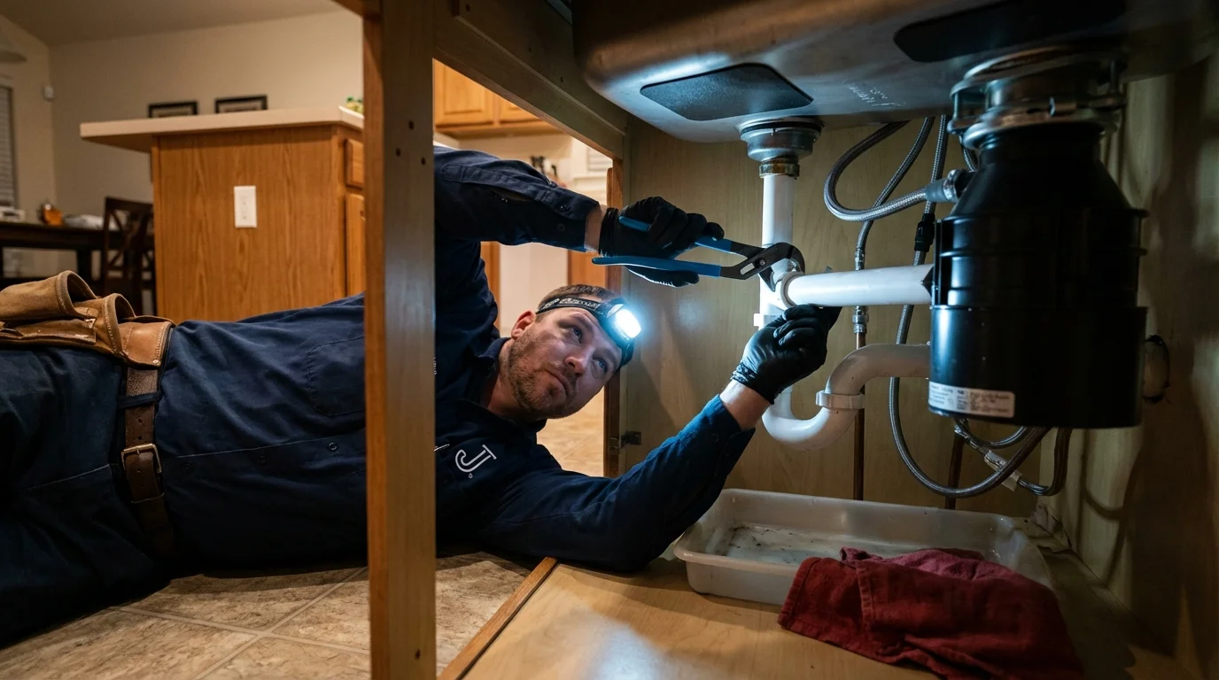 P-trap and supply line connections under a kitchen sink showing a common leak point in Winnebago, IL